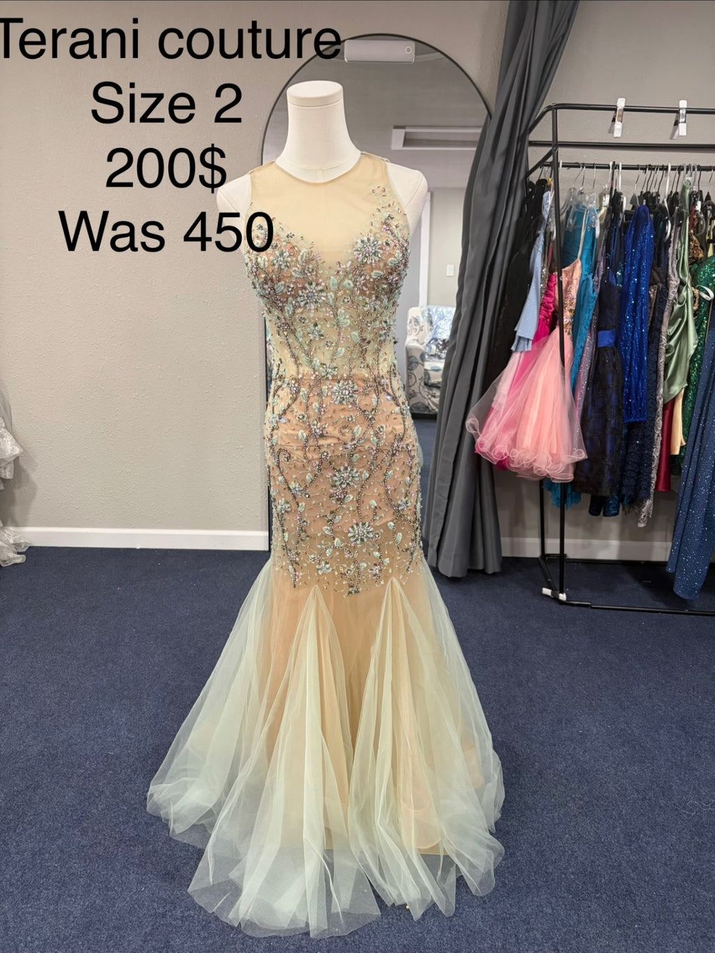 Terani couture Size 2 Beige with multicolored embroidery and rhinestones